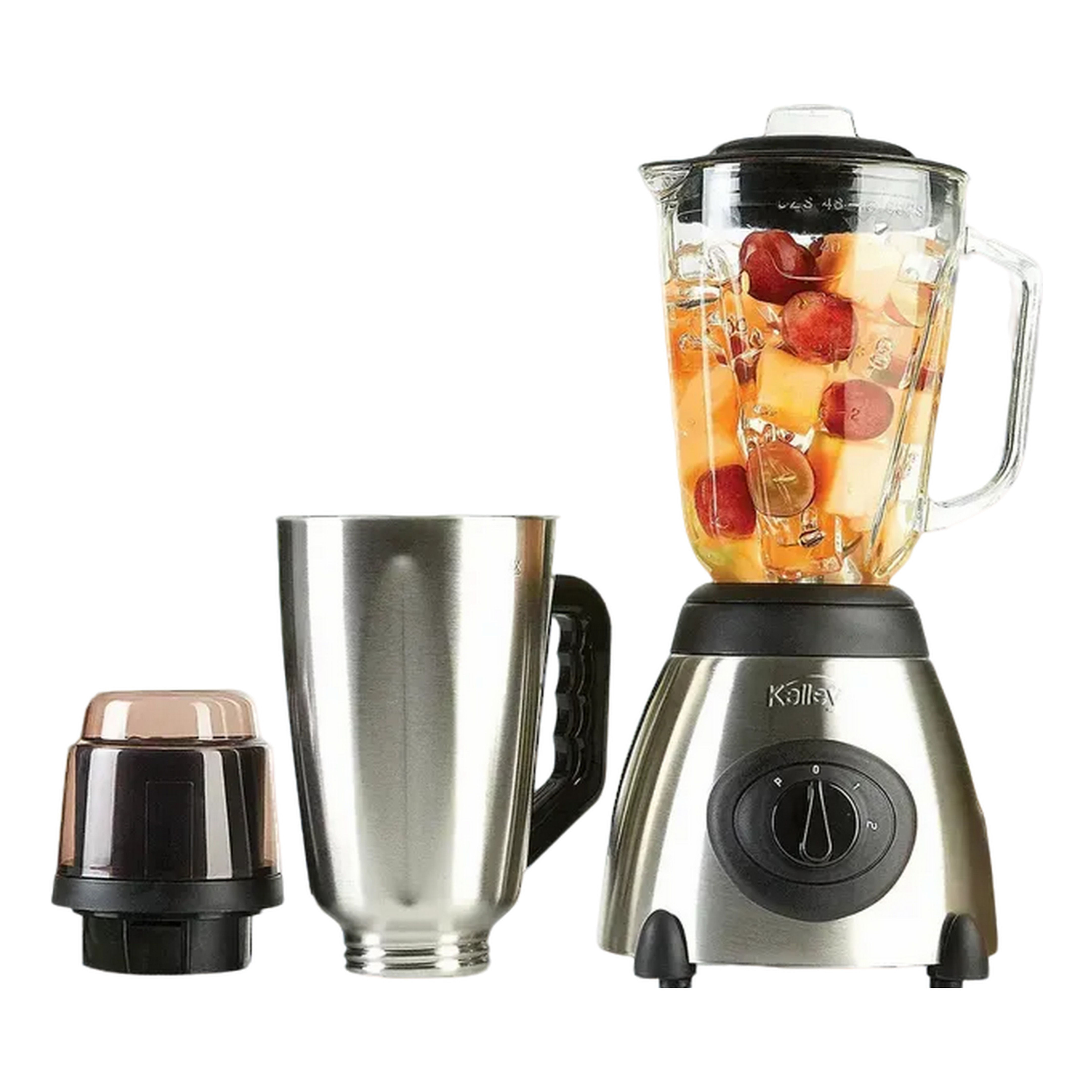 Licuadora con vaso y frutas, vaso de acero inoxidable y molinillo de café. Imvel Estufas