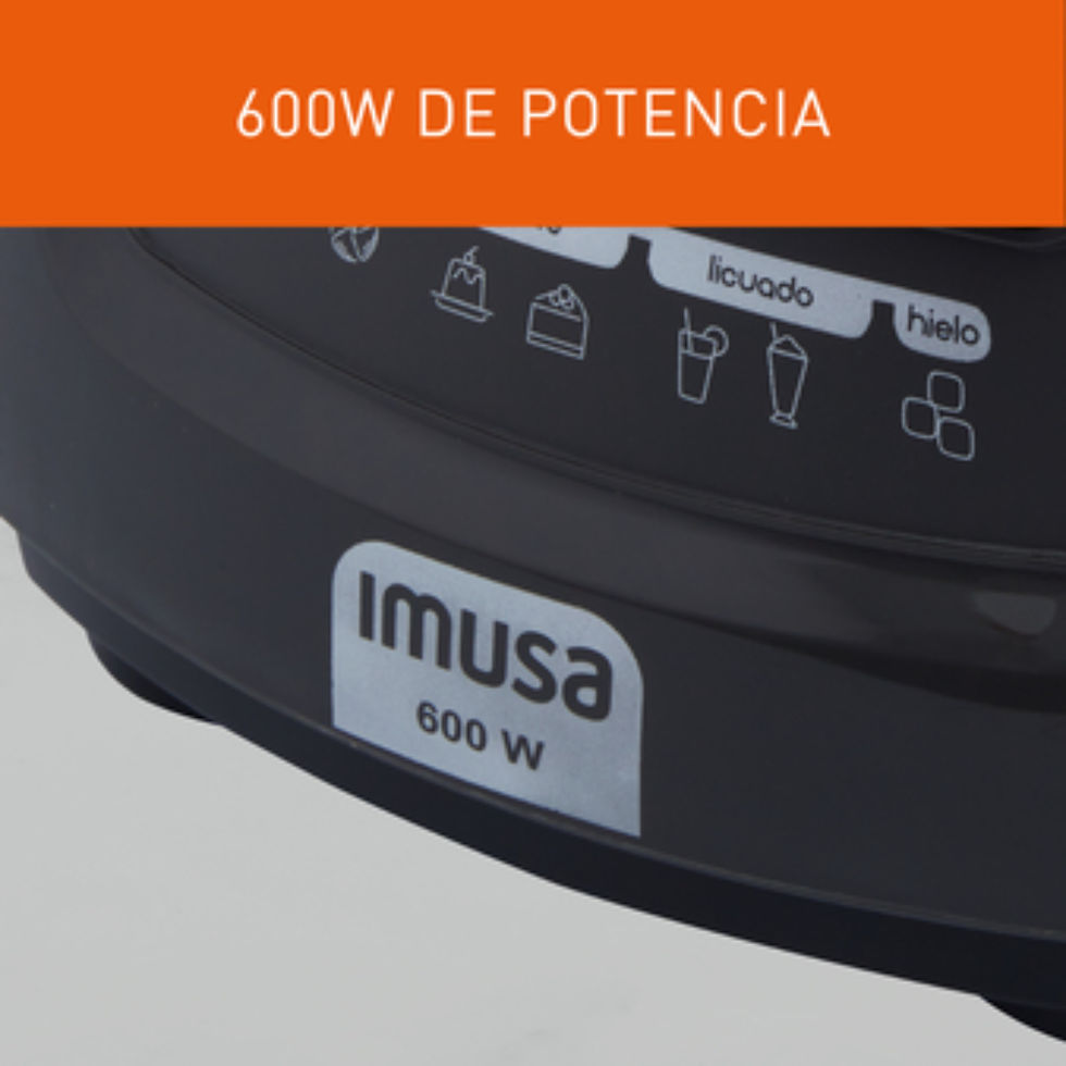 Miniatura: Licuadora negra con texto 600W DE POTENCIA y marca Imusa; Imvel Estufas.