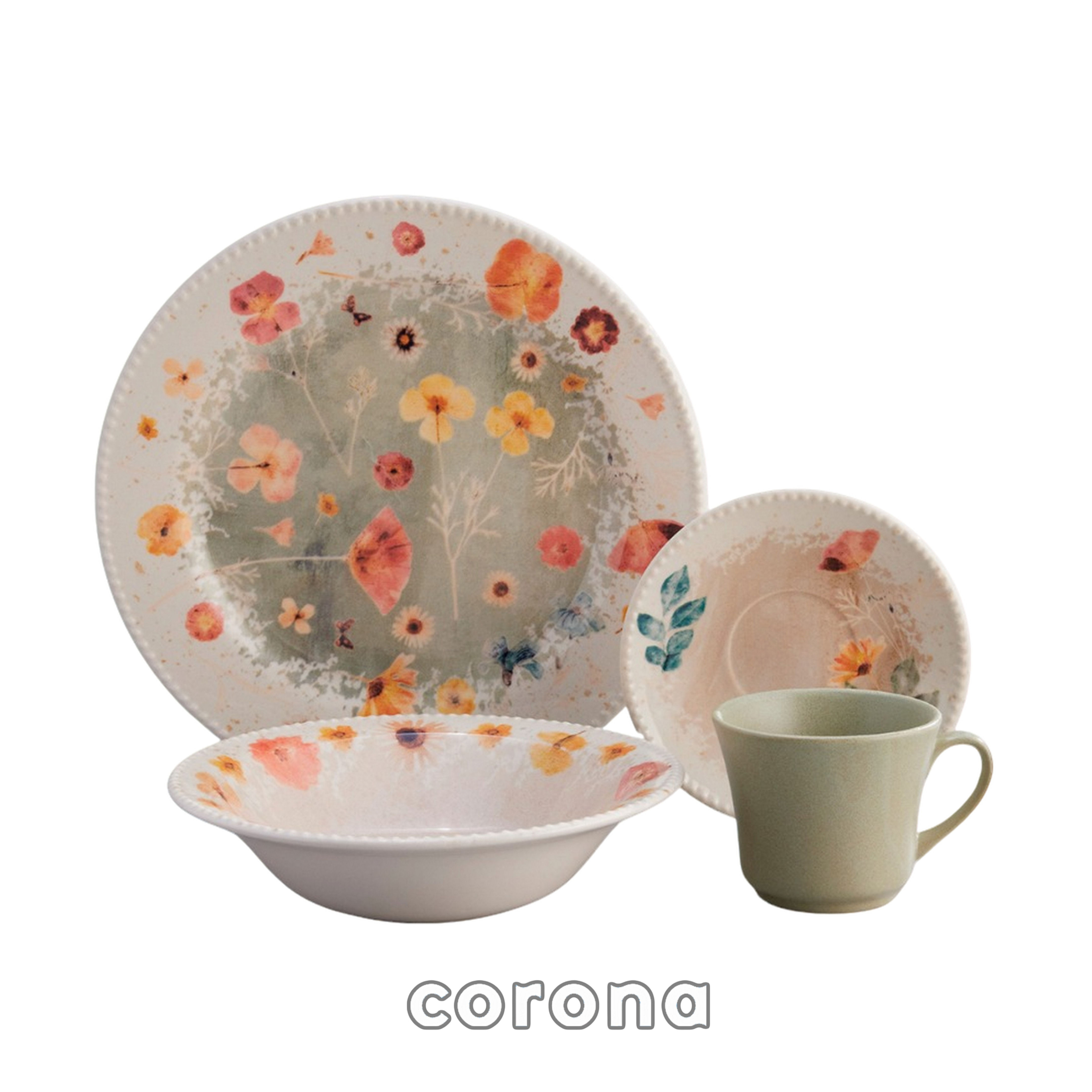 Juego de platos y tazas corona con estampado floral; Imvel Estufas