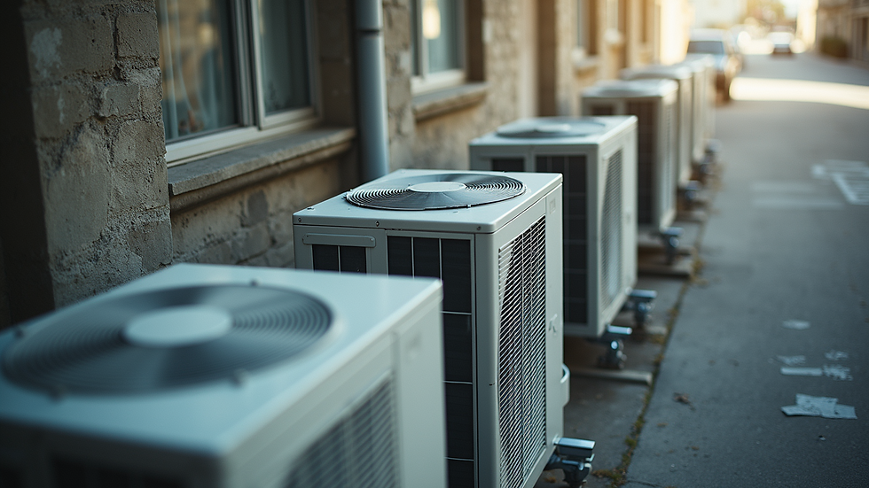 High angle view of various air conditioning units displayed outdoors