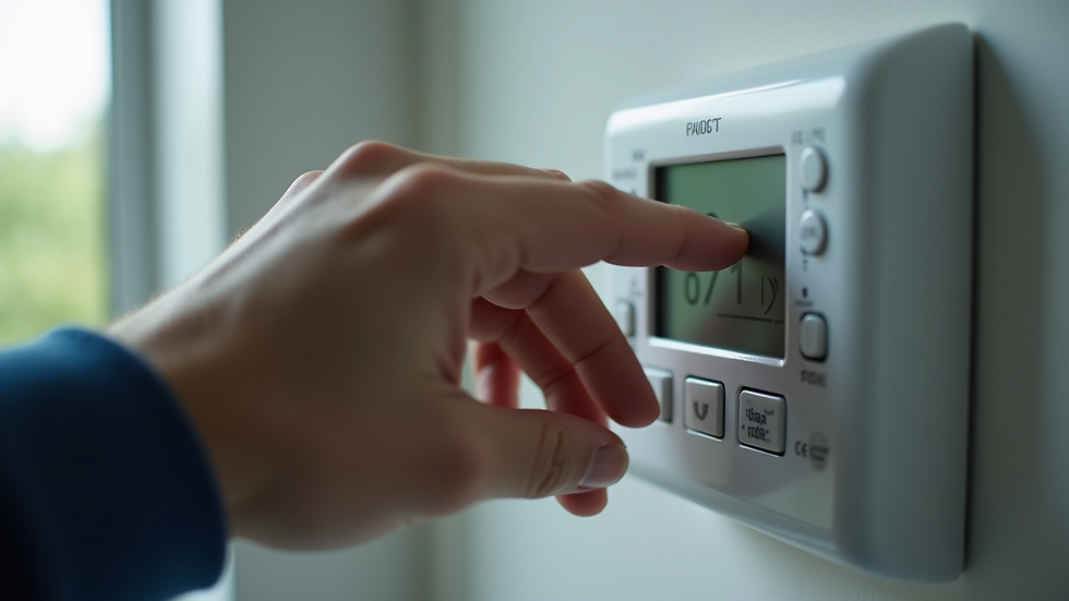 Close-up view of a technician's hand adjusting an air conditioning thermostat