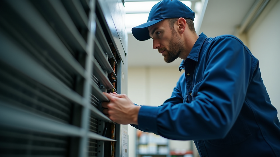 Eye-level view of a professional HVAC technician inspecting an air conditioning unit