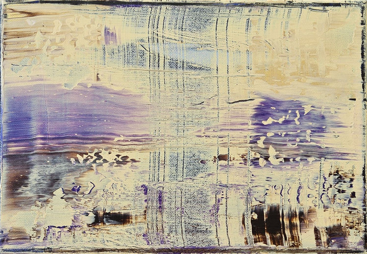 Das abstrakte Gemälde „A Special Day“: Zeitgenössische expressionistische Kunst von Prof. Dr. Martina Schwanke, dargestellt als eine dynamisch gerakelte Komposition mit einer reliefartigen Oberfläche. Die Farbpalette besteht aus Ockergelb, subtilen Goldtönen, Violett und erdigen Nuancen, die sich in fragmentierten, schwebenden Formen überlagern. Entstanden 2025; Acryl auf Leinwand, Format 29,7 × 21 cm.