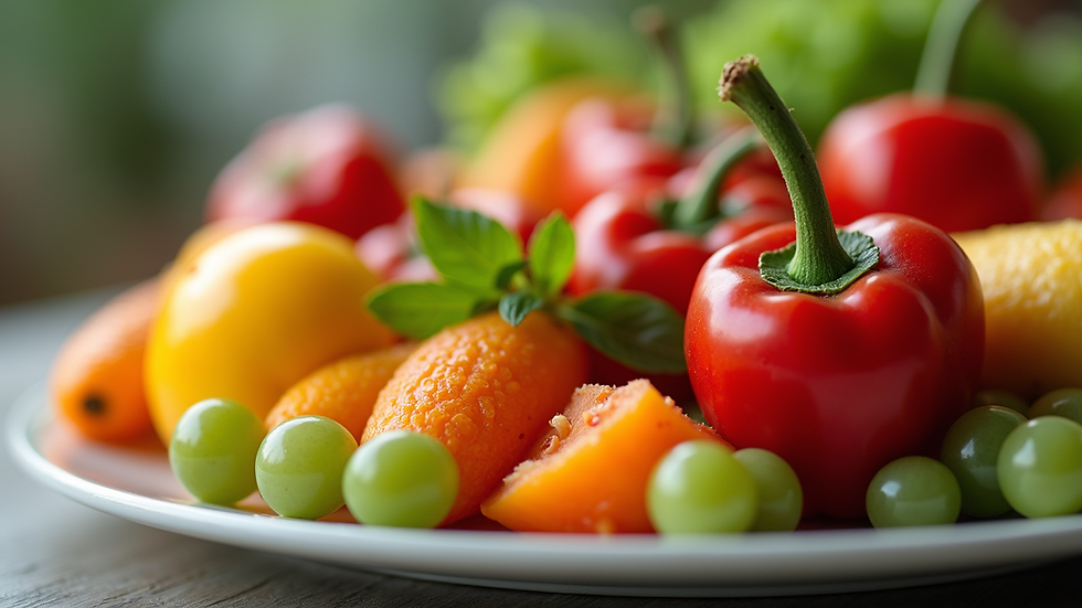 Close-up view of a colorful plate filled with fresh fruits and vegetables