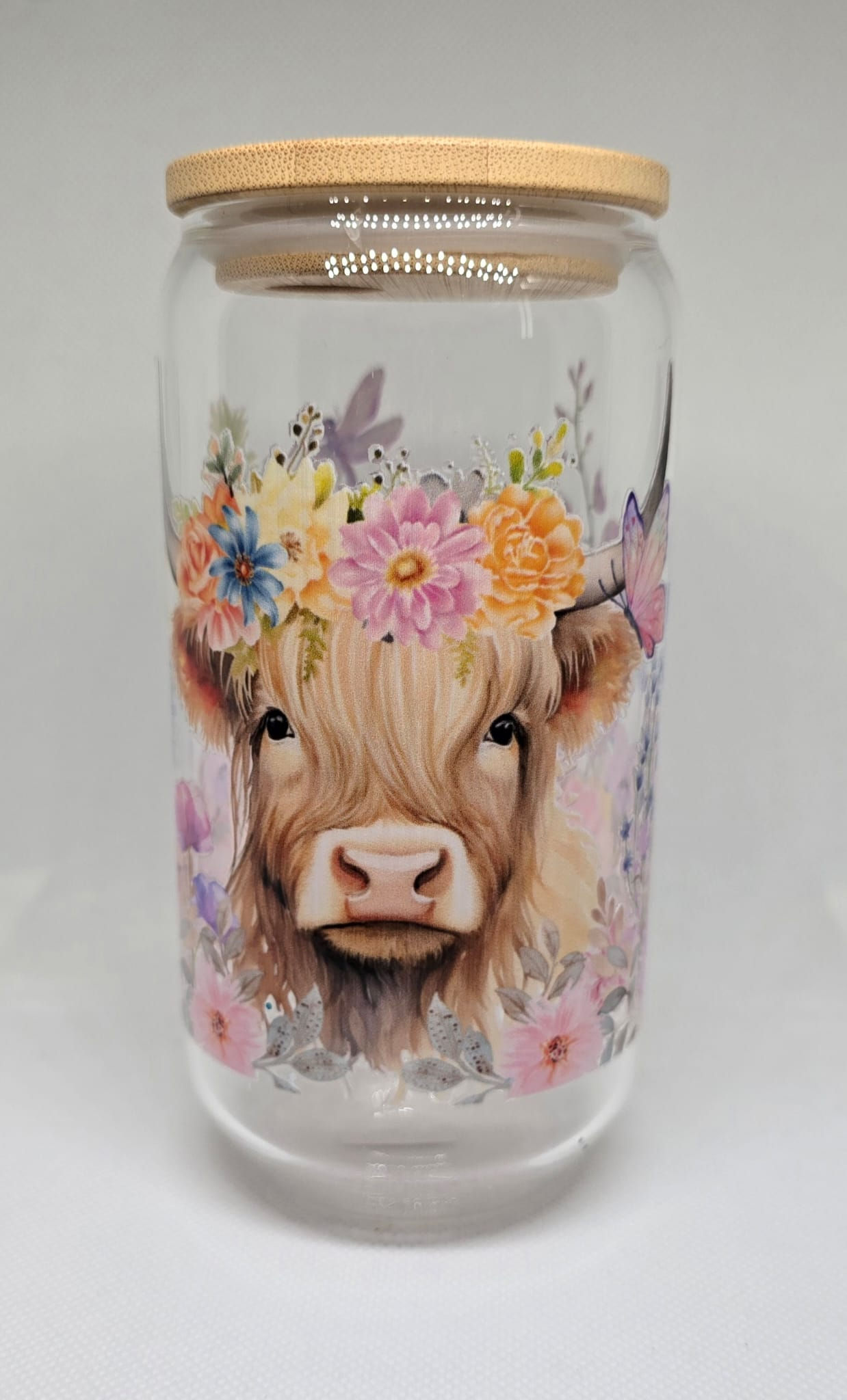 Cute Highland Cow Glass Cup with Bamboo Lid