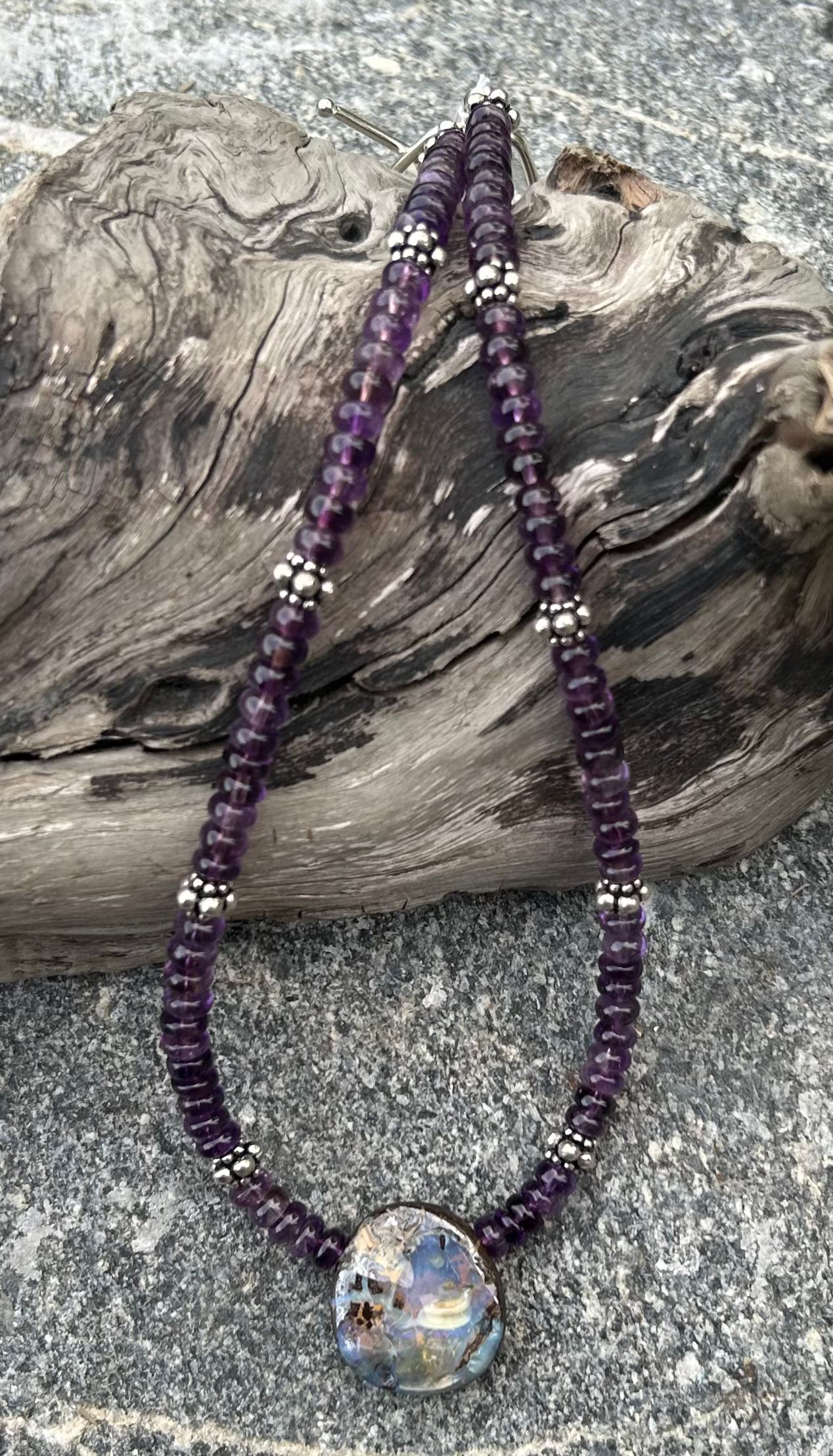 17.5” Boulder Opal, Amethyst, Bali Silver