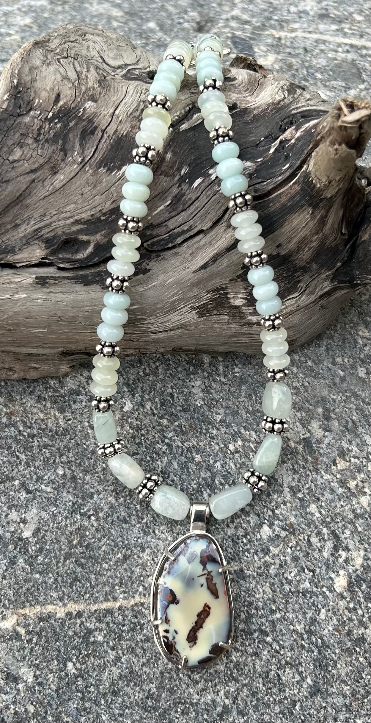 18” Boulder Opal , Aquamarine , Amazonite, Serpentine, Bali Silver