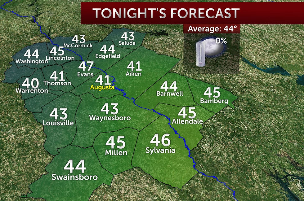 Forecast lows for Tuesday - 3/29/2016