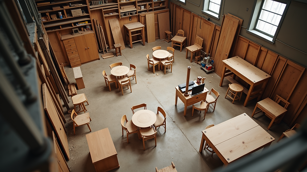 High angle view of a craftsman’s workshop filled with wooden furniture pieces in progress