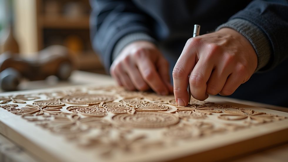 Close-up view of a craftsman’s hands carving intricate patterns into wood
