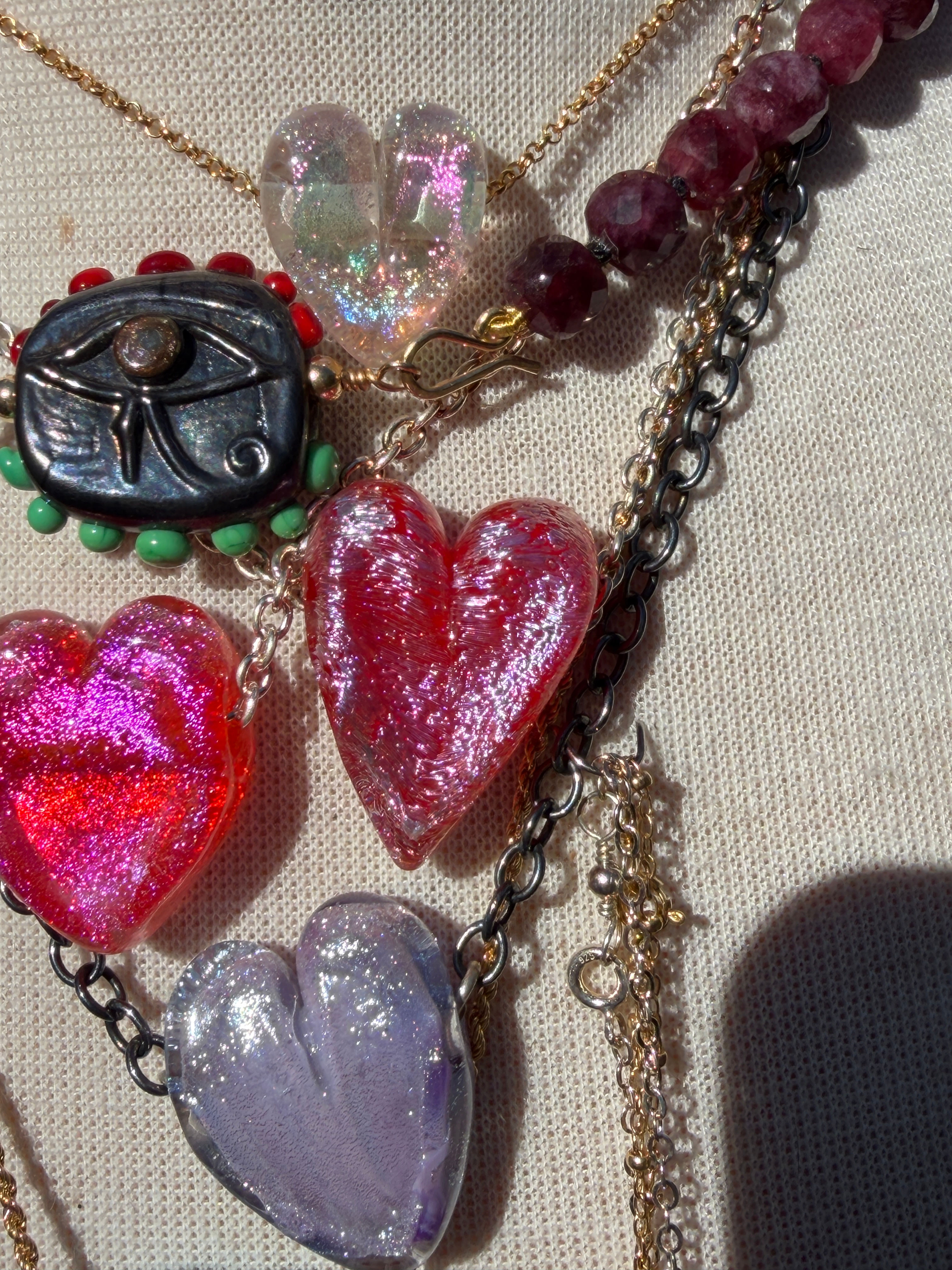 Red orange base with dichroic heart necklace on sterling silver 