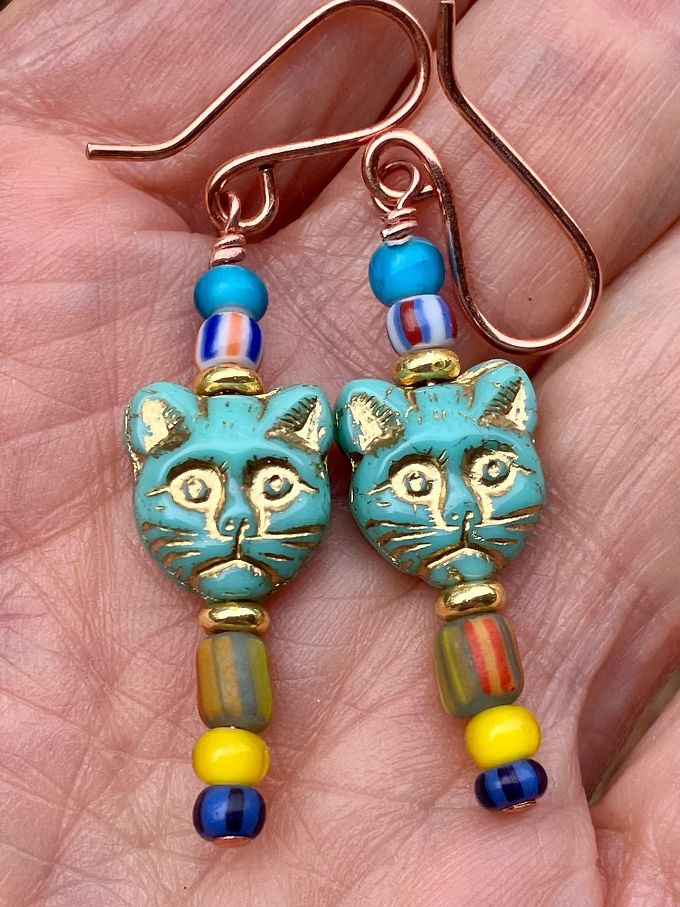 Thumbnail: Cat head with African trade beads earrings 