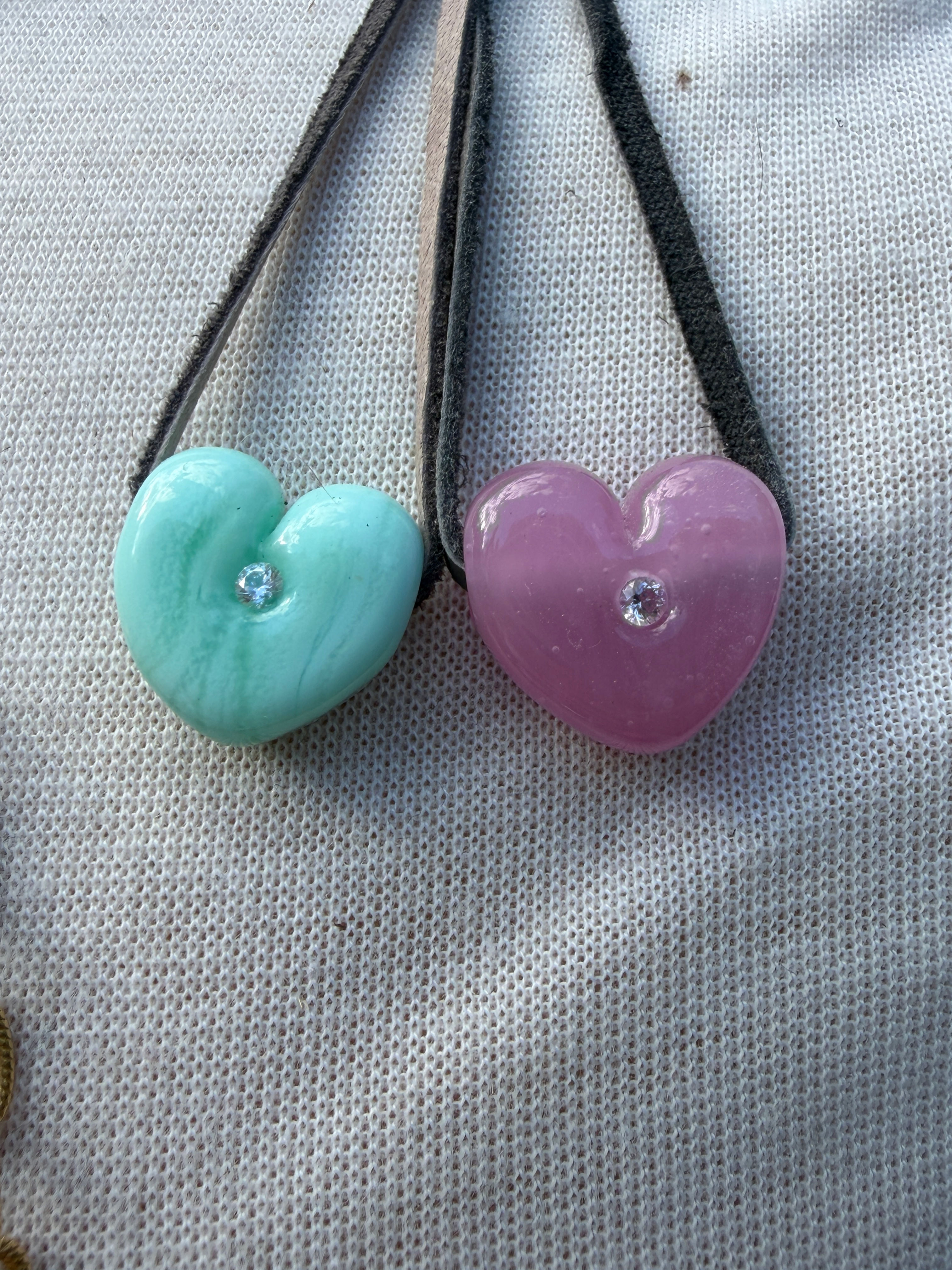 Glass heart with cz diamond on an adjustable leather cord 