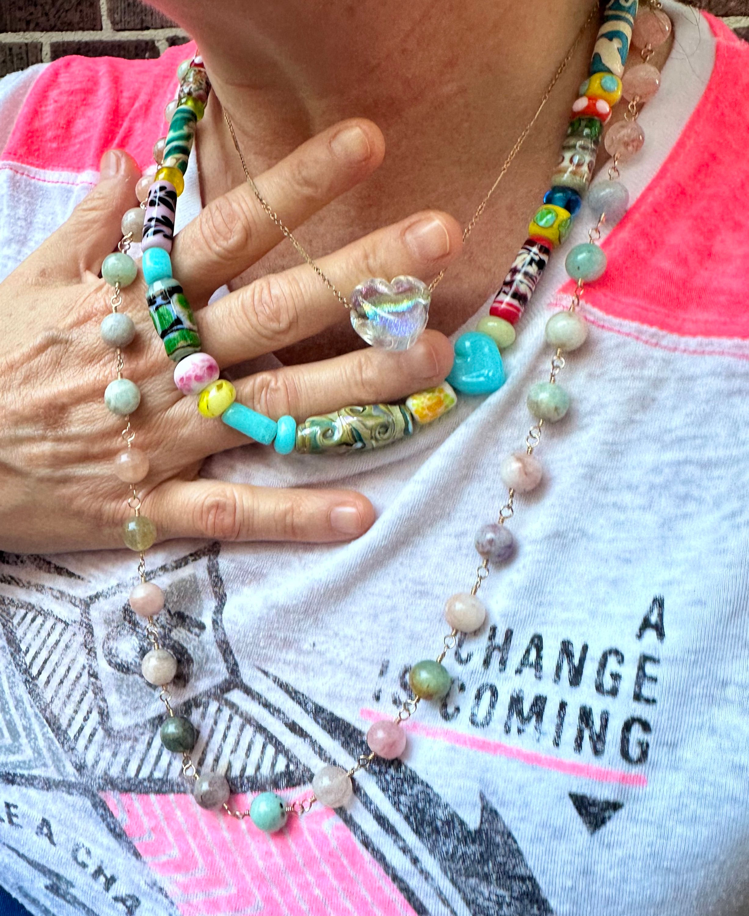 14k gold filled linked aquamarine, morganite and heliodor 