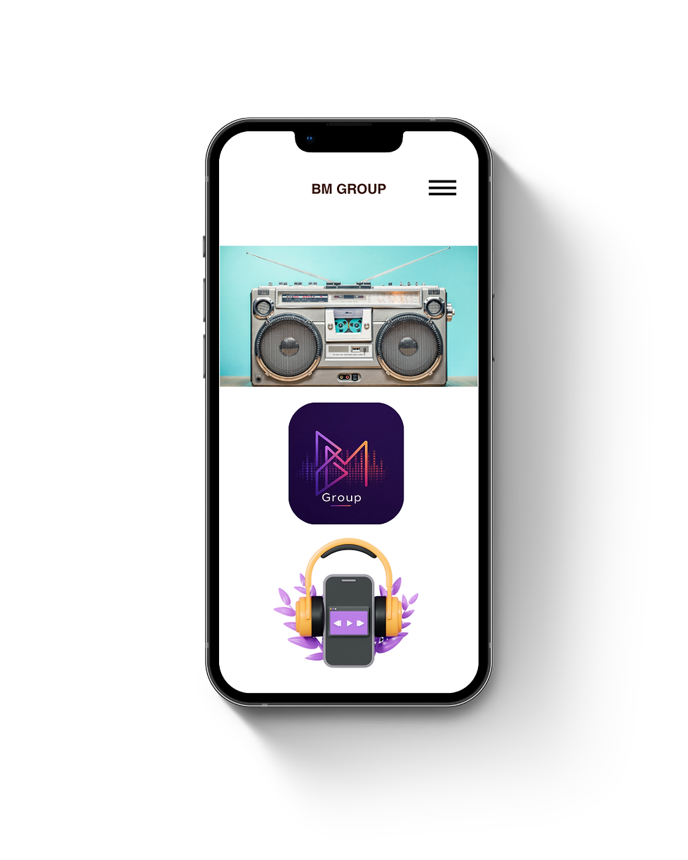 Smartphone displaying the BM Group website and radio advertising campaignoup
