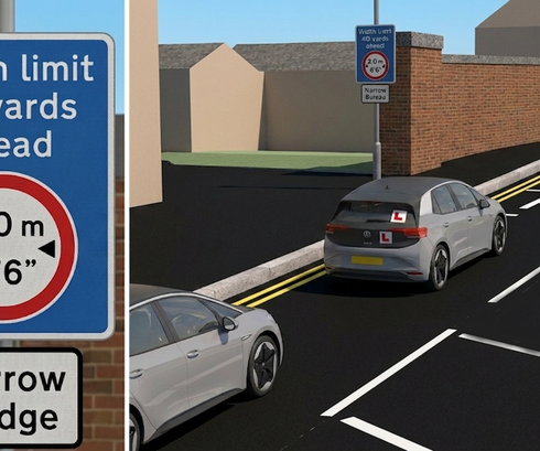 A CGI diagram for learner drivers of a width restricted bridge - ADI lesson diagrams