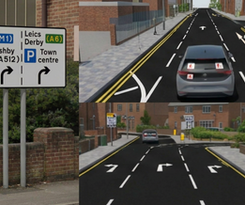 A CGI image of a learner driver exploring a one way system. Diagrams for ADI's