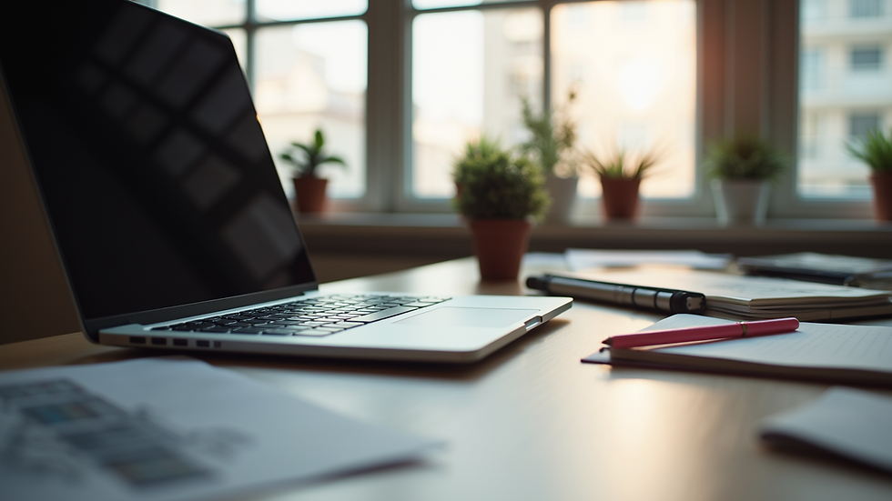 Eye-level view of a workspace with a laptop and creative materials