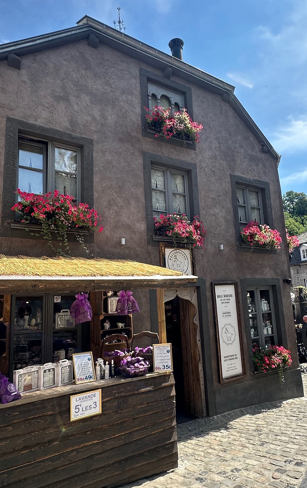 Artisan lavender shop in Durbuy with rustic decor and window boxes