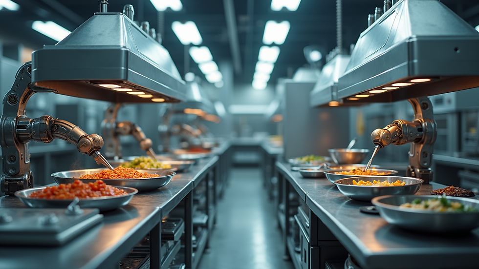 High angle view of a robotic kitchen setup with multiple cooking stations