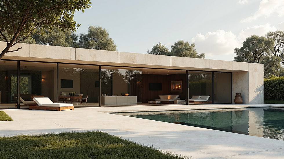 Wide angle view of modern bespoke luxury home with glass walls and natural stone