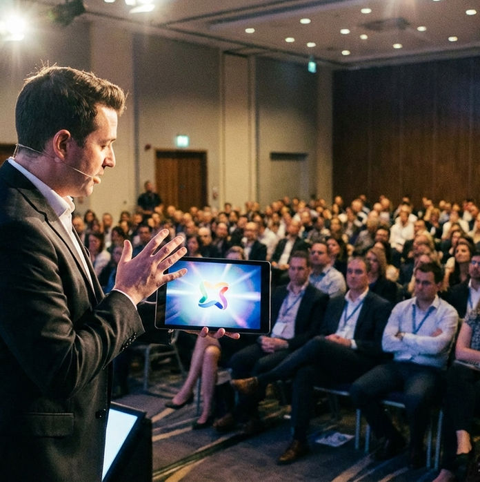Un homme présente une tablette à un public dense dans une salle de conférence. Éclairage chaleureux, ambiance concentrée. Logo coloré visible.