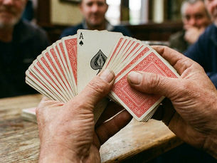 Mains tenant un jeu de cartes rouge en éventail, l’as de pique visible, autour d’une table entre amis.
