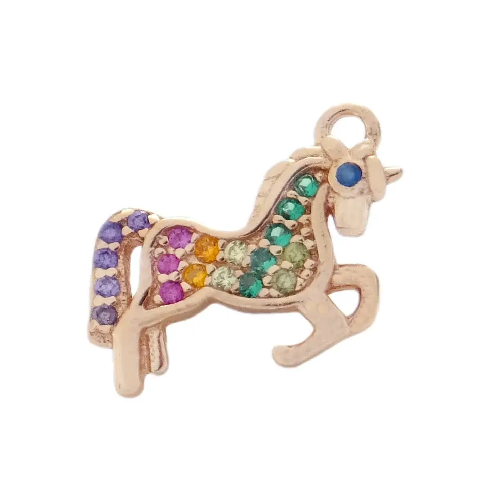 Charms Unicorno Con Zirconi Multicolor Argento 925 Placcato Oro Rosa 12mm