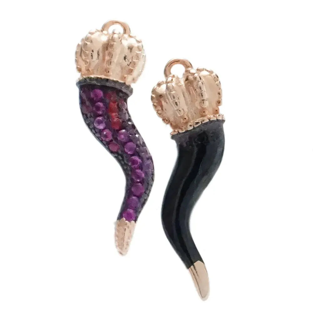 Pendente Cornino Smaltato Nero Con Zirconi Fucsia Argento 925  19x6mm