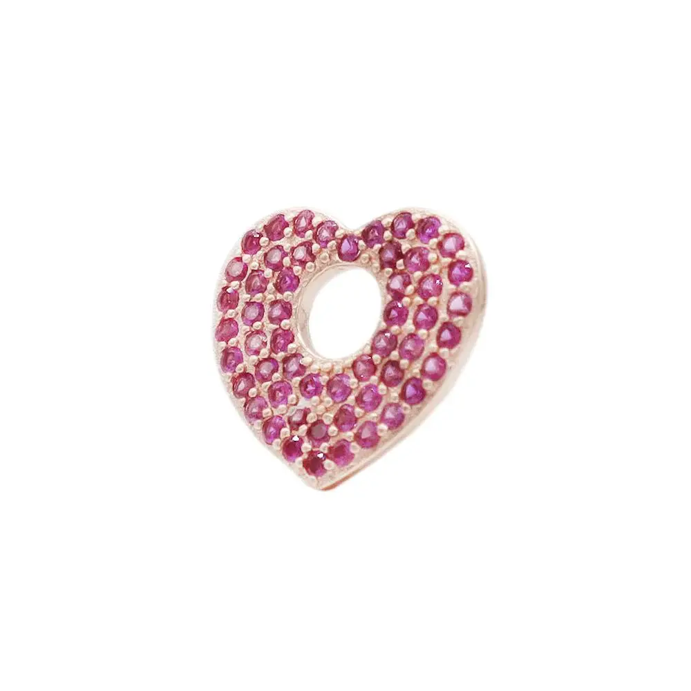 Pendente Cuore Foro Largo Con Zirconi Fucsia Argento 925 Placcato Oro Rosa 12mm