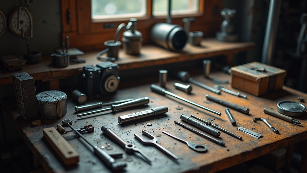 High-angle view of a creative workspace filled with metal tools and materials