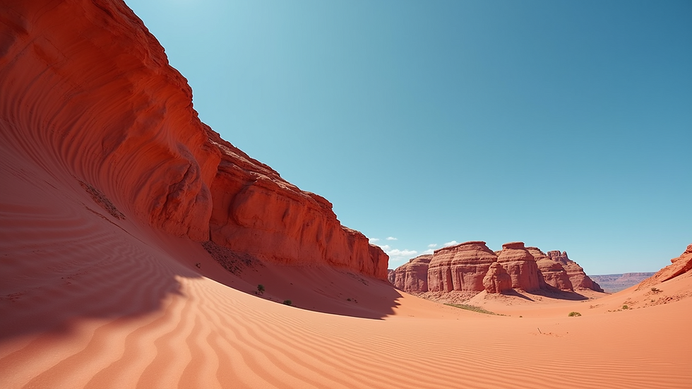 Eye-level view of a vibrant red rock formation against a blue sky