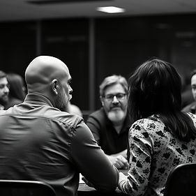 black and white photo of people talking and working together at a desk or in a room.jpg