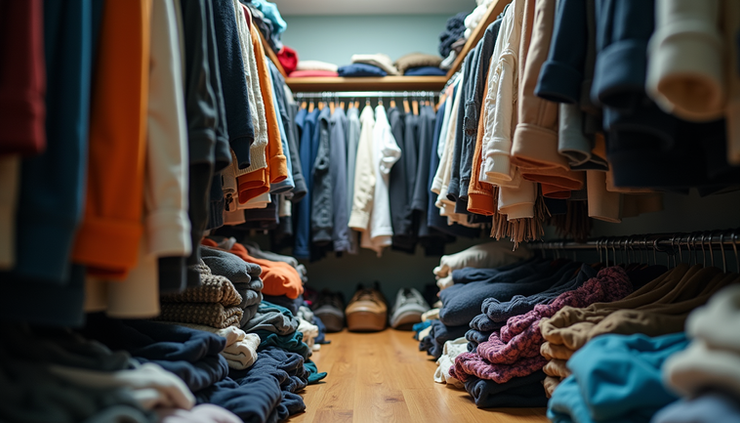 Eye-level view of a cluttered closet with clothes piled and mixed on hangers and shelves