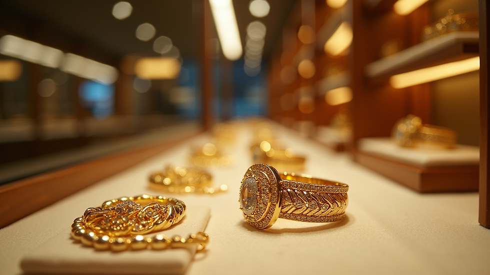 Eye-level view of gold jewelry displayed in a retail showcase