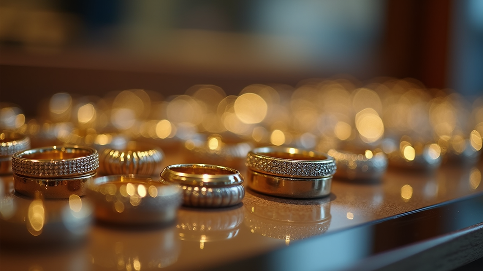 Close-up view of elegant gold and silver rings on display