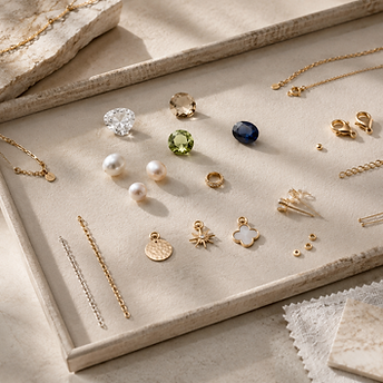 Stones, pearls, chains and jewelry components arranged for specification review