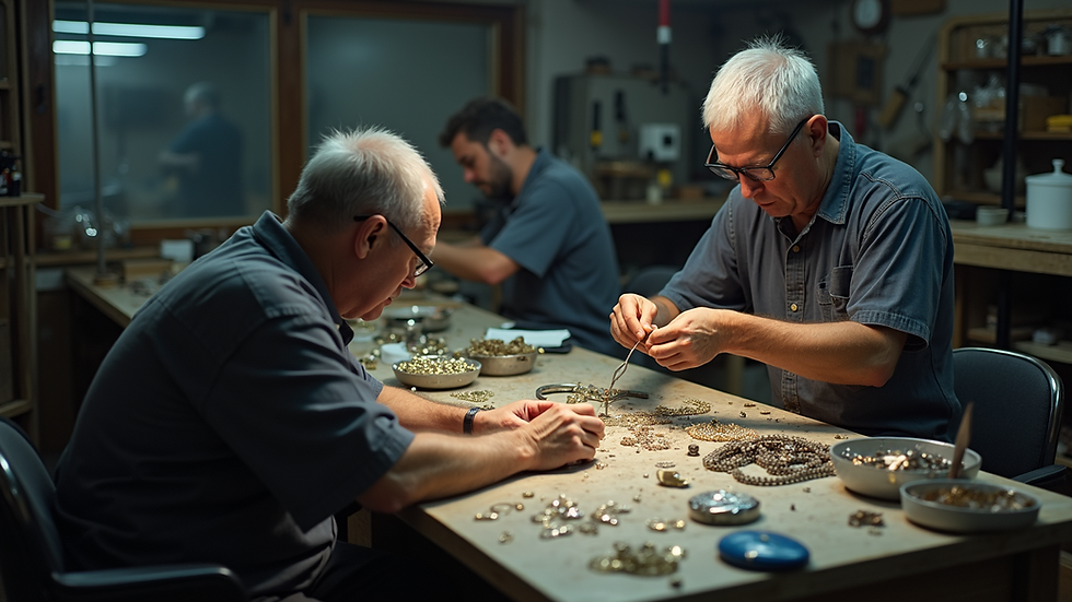 High angle view of jewelry manufacturing workshop with artisans crafting pieces