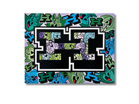Helch and Abotz collaborative painting, bold black letterforms filled with cartoon characters in green, blue and lilac
