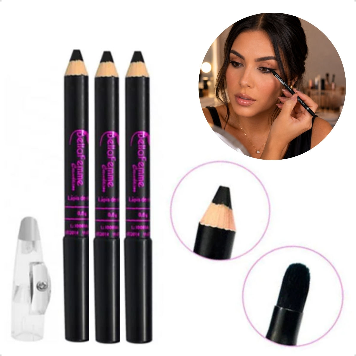Kit 3 Lápis Olhos Preto Jumbo Apontador Esponja Bella Femme