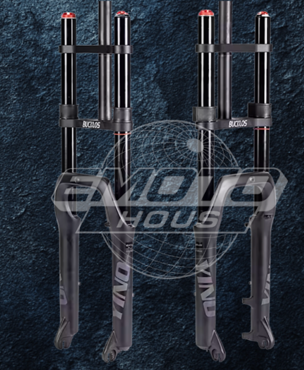 Two black bicycle forks with branding and the word 