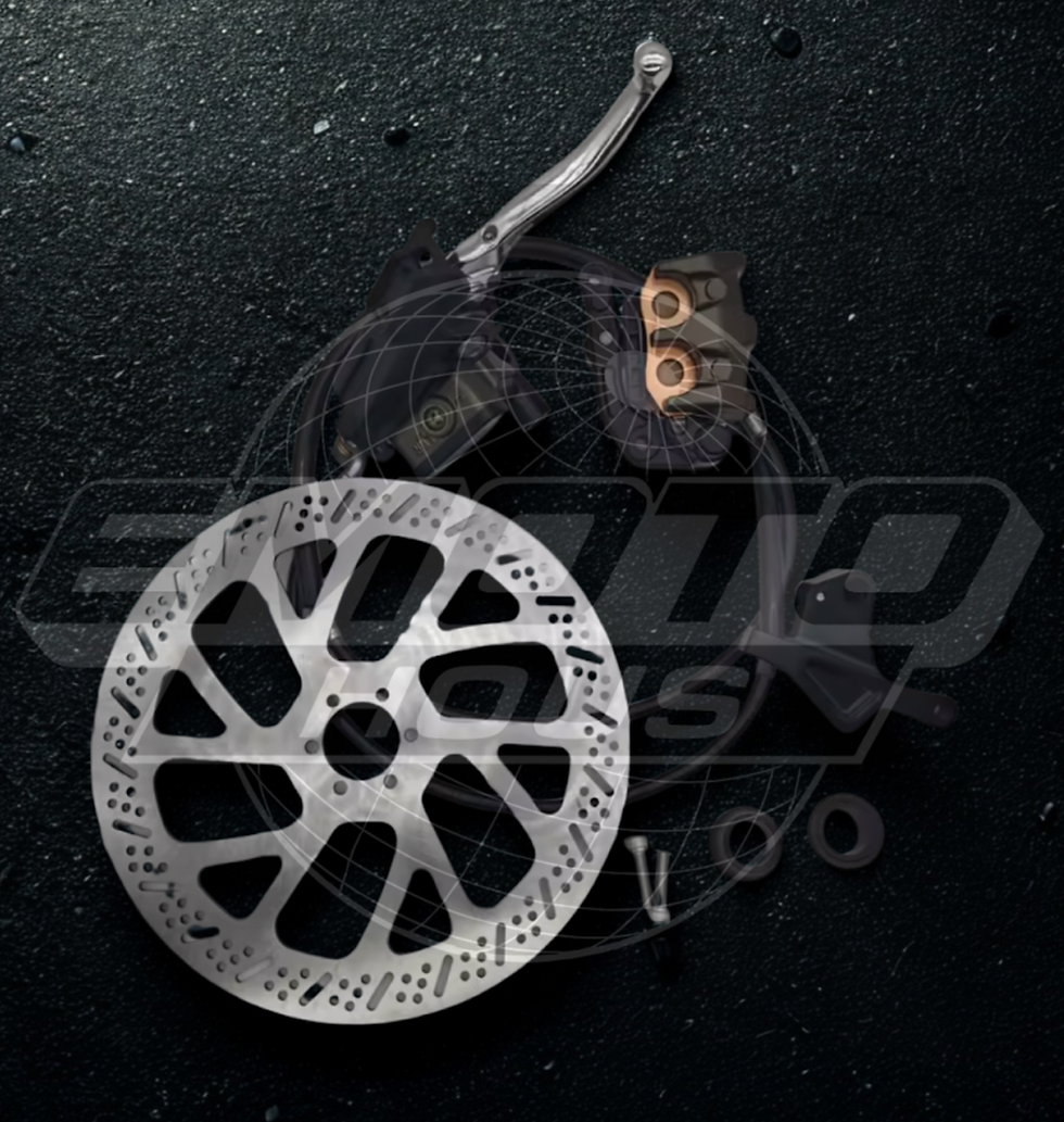 Silver brake disk with parts and the text 