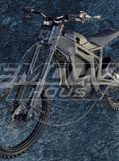 Black motorcycle with number 13, EMOC HOUS logo, on blue background.