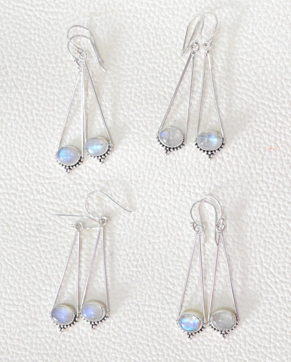 Thumbnail: Oval Half Dotted Moonstone Hoops Earrings .925 Sterling Silver