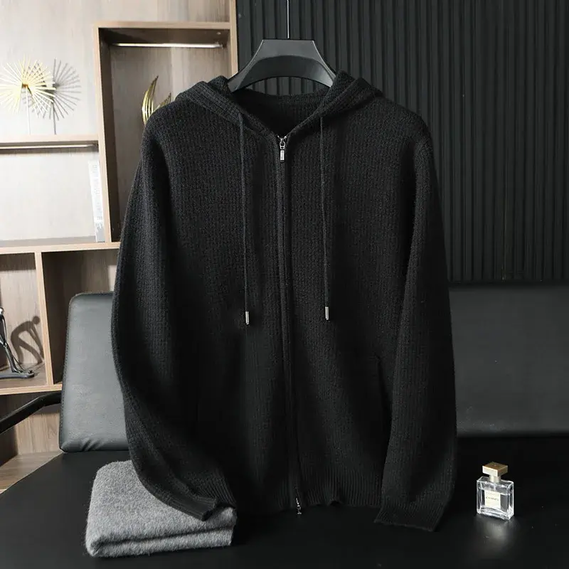 Thumbnail: 2025 High-End Men's 100% Pure Cashmere Cardigan Hooded Zipper Sweater Size L
