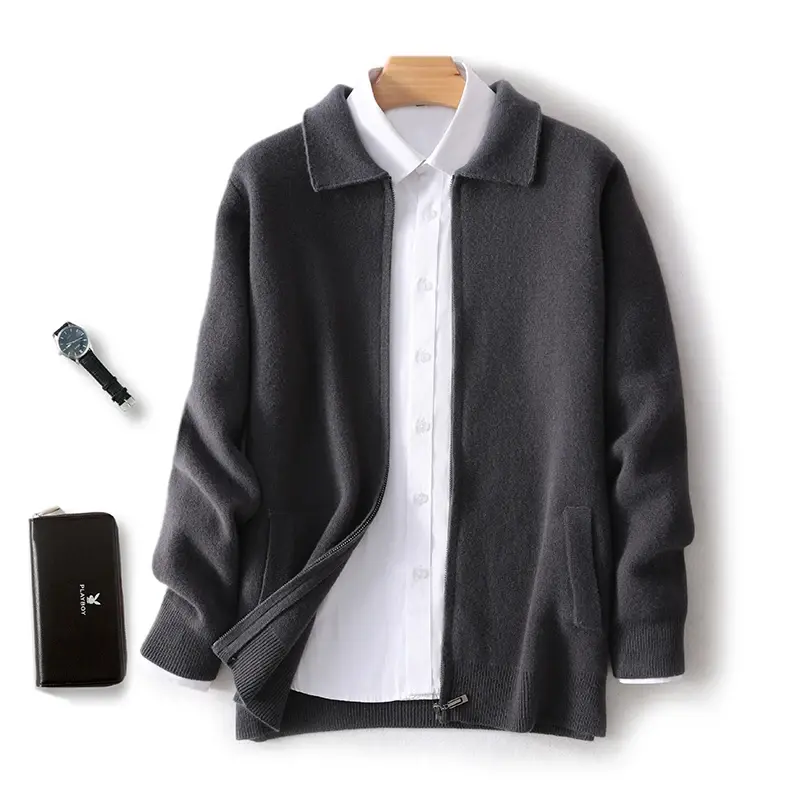 Thumbnail: Men's 100% Wool Knit Cardigan with Lapel Collar and Pockets Size M