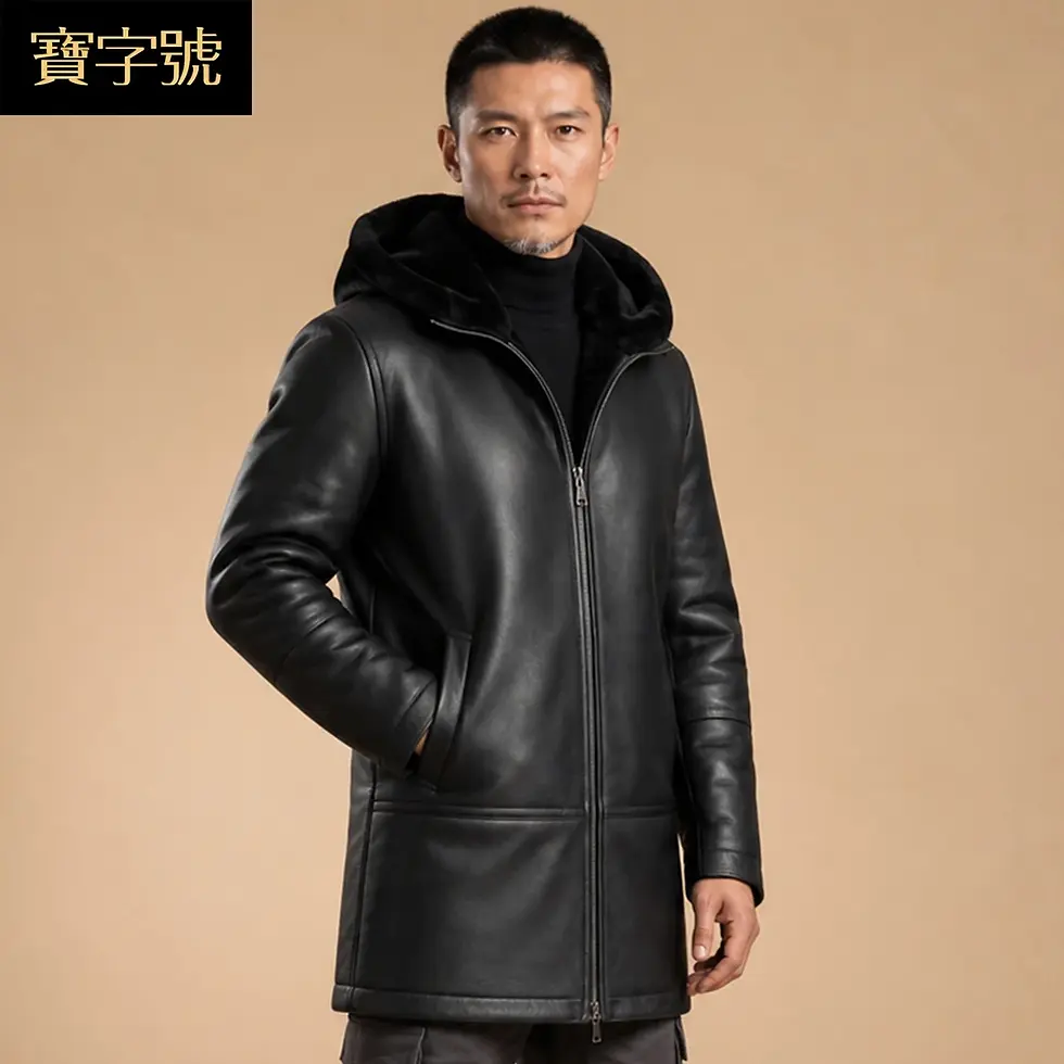 Thumbnail: Man wearing a black leather jacket with a hood, set against a beige background.