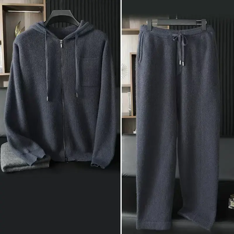 Miniature : A-Class 100% Pure Cashmere Two-Piece Men's Hooded Zipper Cardigan Size XL