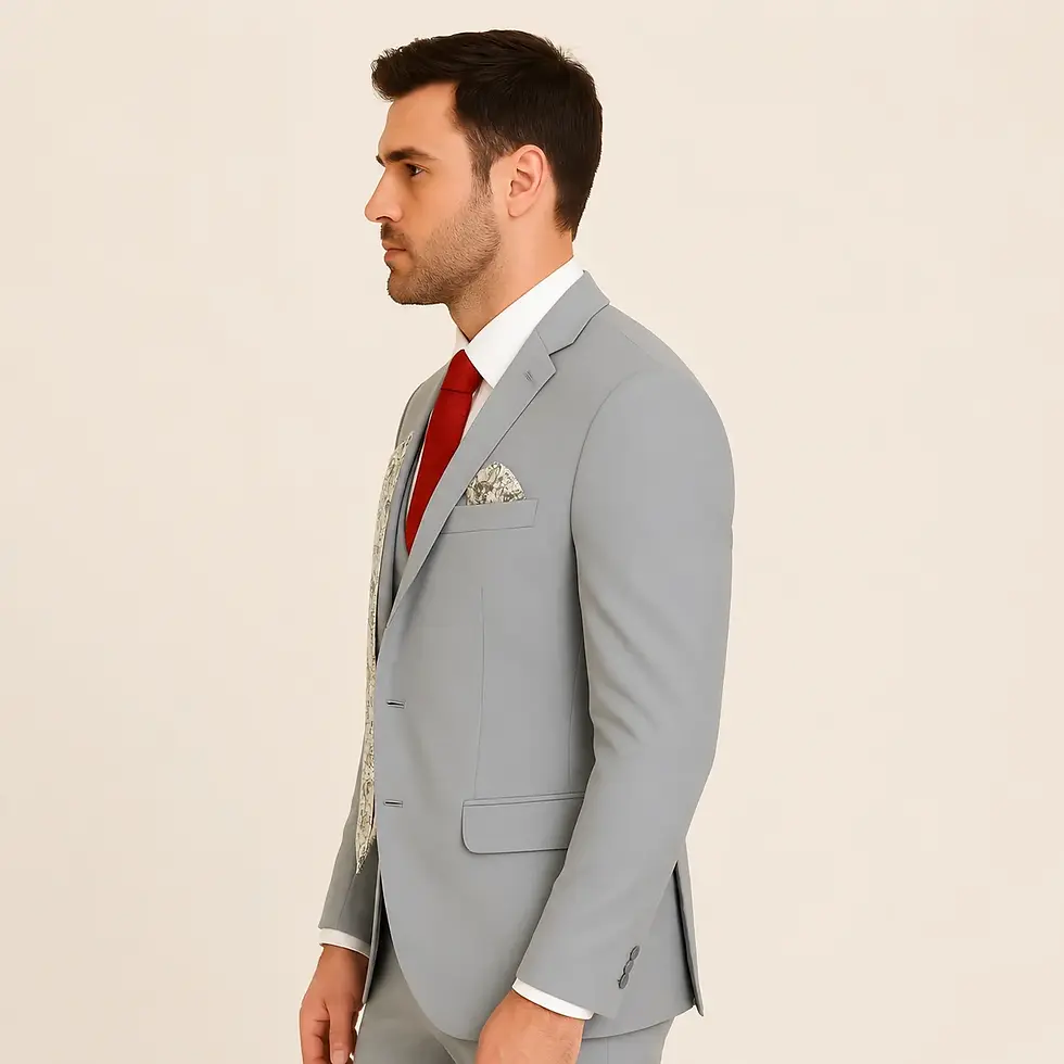 Miniaturbild: Man in a light gray suit with a red tie, floral pocket square, and white shirt, standing against a plain background.