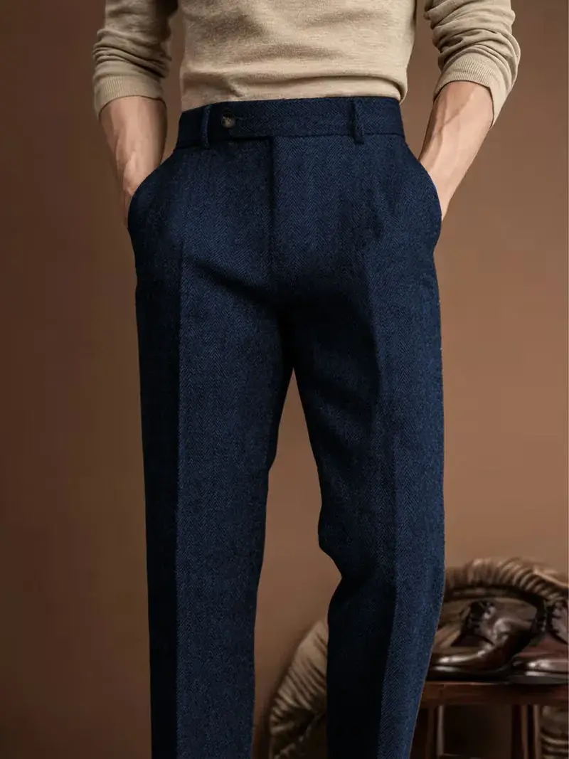 Miniaturebillede: Men's Herringbone Wool Blend Straight Leg Trousers High Waist